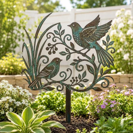 Courtyard Landscape Ornament Metal Bird Garden Stake, Weather Resistant Iron Yard Art Ornament, Decorative Stake Retro Patina Finish Sign for Outdoor