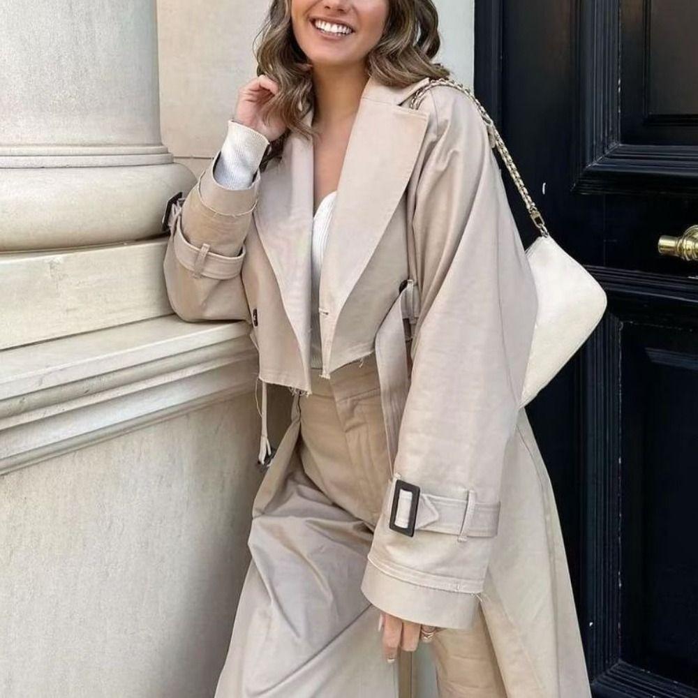 Cropped Trenchjacke mit Gürtel Zweireihige Jacken Damen Schick Herbst Winter Mantel Feiertag