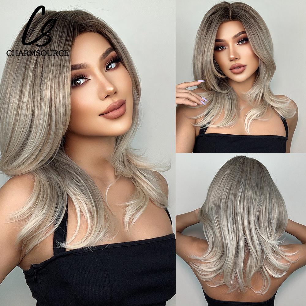 Natural Wavy Blonde Synthetic Wigs Medium Length Layered Hair with Side Bangs for Women Daily Party Cosplay Heat Resistant Fiber