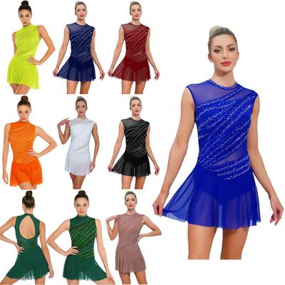 Damen Gymnastik Latein Eiskunstlauf Ballett Turnanzug Kostüm Ärmellos Strass Body Tango Chacha Auftritt Tanzbekleidung