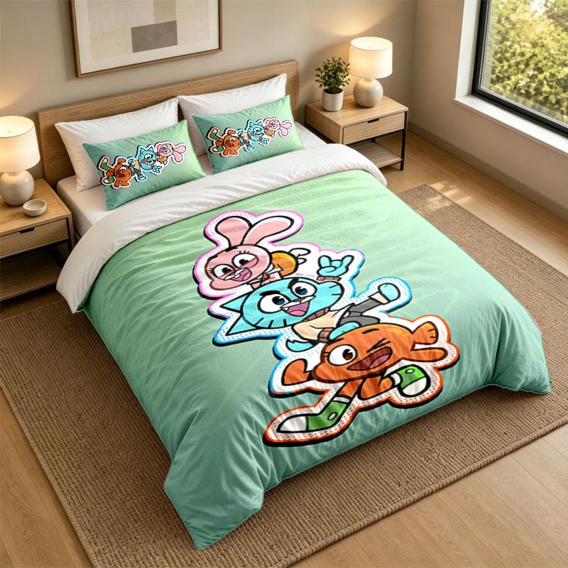 3Pcs Bedding SetAmazing World of Gumball Soft Bed Sheet and Two Pillowcases Home Bedroom Decor