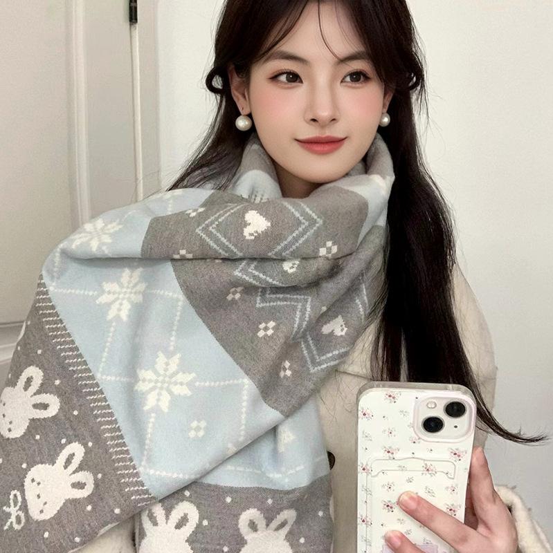 Three-color rabbit scarf, Korean retro fringed female autumn and winter student versatile warm atmosphere scarf