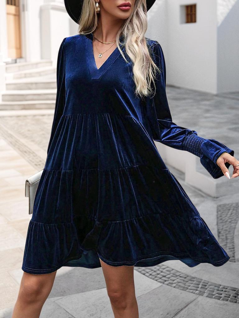 2026 Elegant Velvet Party Dress - Long Sleeve Solid Color