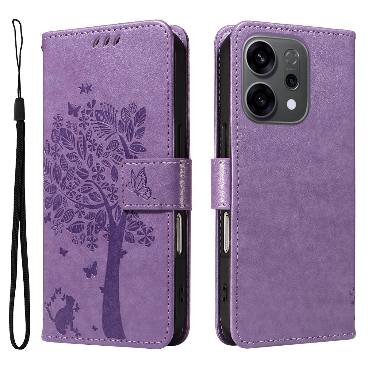 

For Oppo Reno14 5G (China)/Oppo Reno14 F 5G/Oppo Reno14 5G (Global) Phone Case with Stand Cat Tree Pattern Leather Wallet Mobile Cover Light Purple