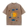 Mens Moon and Sun Printed Tshirt Oversized Short Sleeved Retro Washed Shirt Summer Top