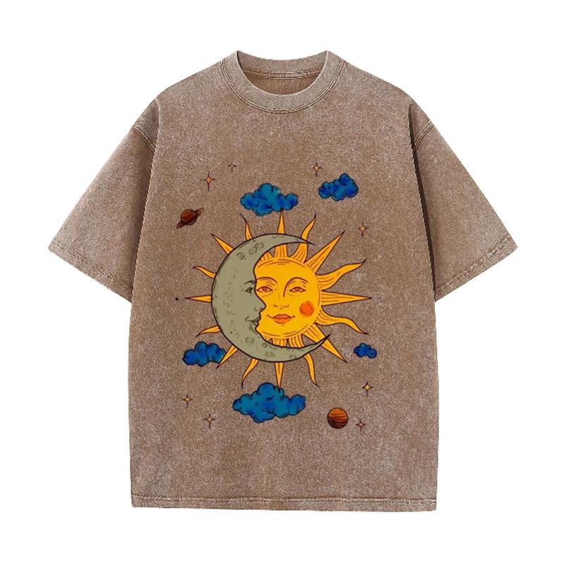 Mens Moon and Sun Printed Tshirt Oversized Short Sleeved Retro Washed Shirt Summer Top