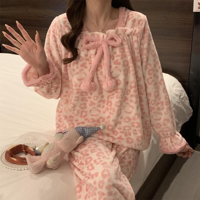 Women Flannel Pajama Set Winter Thick Warm Square Neck Long Sleeve Princess Style Bow Butterfly Casual Loungewear Home Sleepwear
