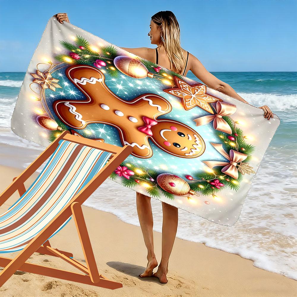 Gingerbread festive charm Print beach towel, quick drying, suitable for travel, outdoor sports, jogging, the beach and swimming, gift