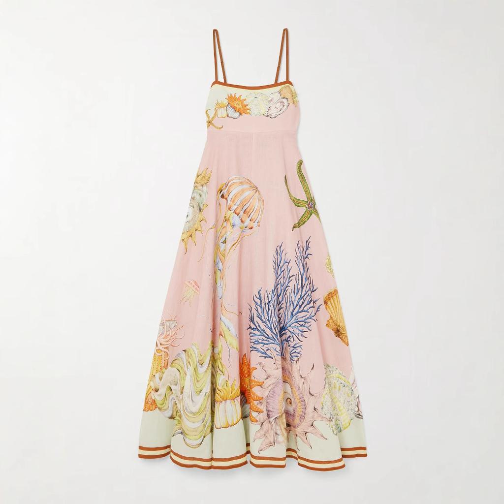 Women Spaghetti Strap Midi Dress Pink Ocean Animal Print A Line Casual Summer Dress