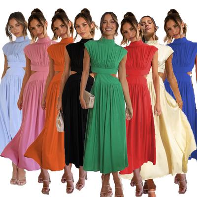 Sweet Fashion Street Summer Stand Collar Macaron Color Off-Shoulder Long Dress