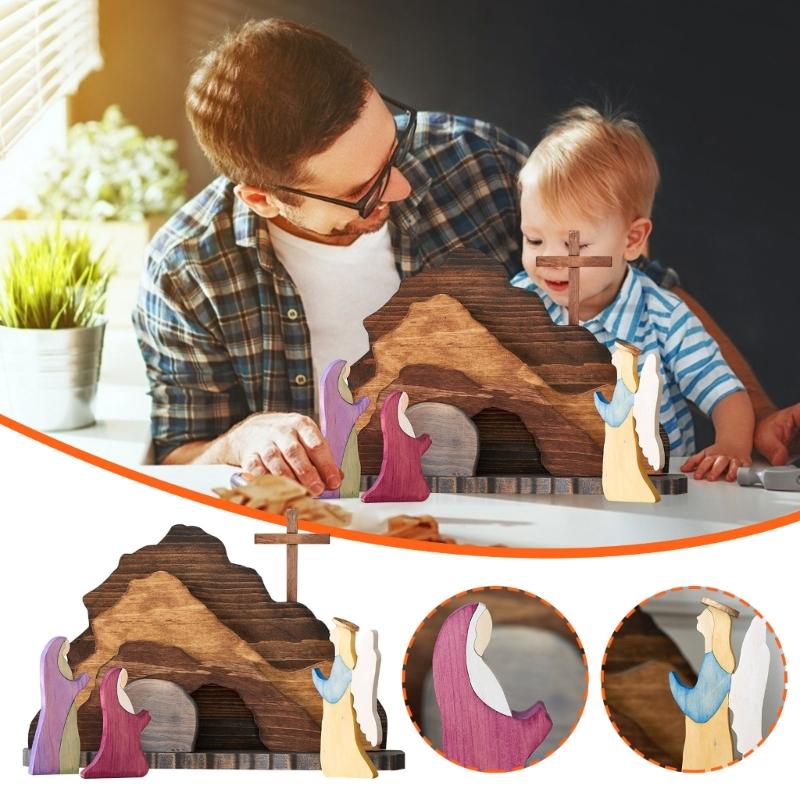 Wooden Easters Nativity Scene Decoration Nativity Statue Sculptures Set for Home Tabletop Christian Festives Ornaments