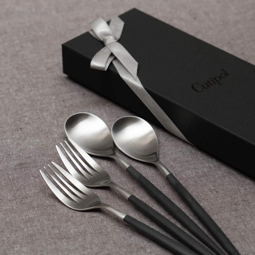 Genuine Cutipol MIO Silver Dessert forks and 2 gift set in presentation box with genuine ribbon and carrying perfect as a wedding gift Black/Matte (2