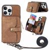 For iPhone 16 Pro Case Zipper Card Holder PU Leather Phone Back Cover with Long Strap
