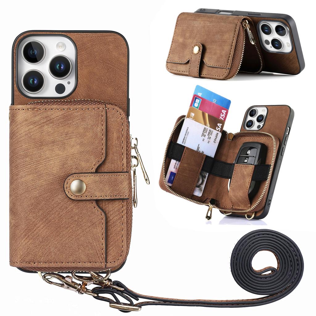 For iPhone 16 Pro Case Zipper Card Holder PU Leather Phone Back Cover with Long Strap