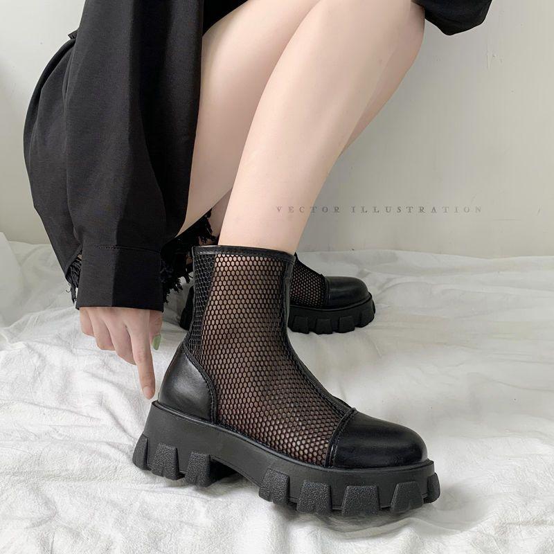 Cizme cu plasă de femeie, stil britanic, primăvară și vară, fund gros, plasă, suprafață, tifon, respirabile, subțiri, cizme reci