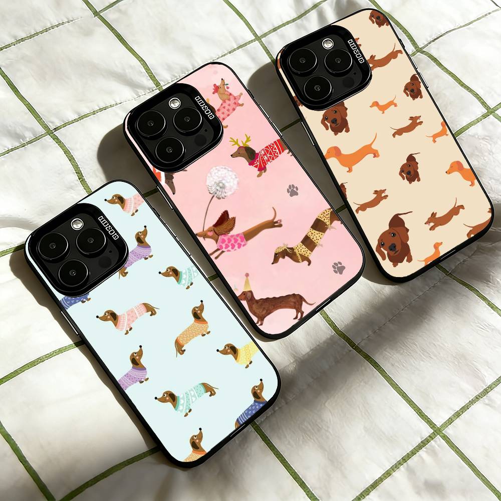 Cute Dachshund Sausage D-Dog Phone Case For iPhone 17,16,15,14,13,12,11 Plus,Pro Max,XS,Colored Silver Plated Inside Cover