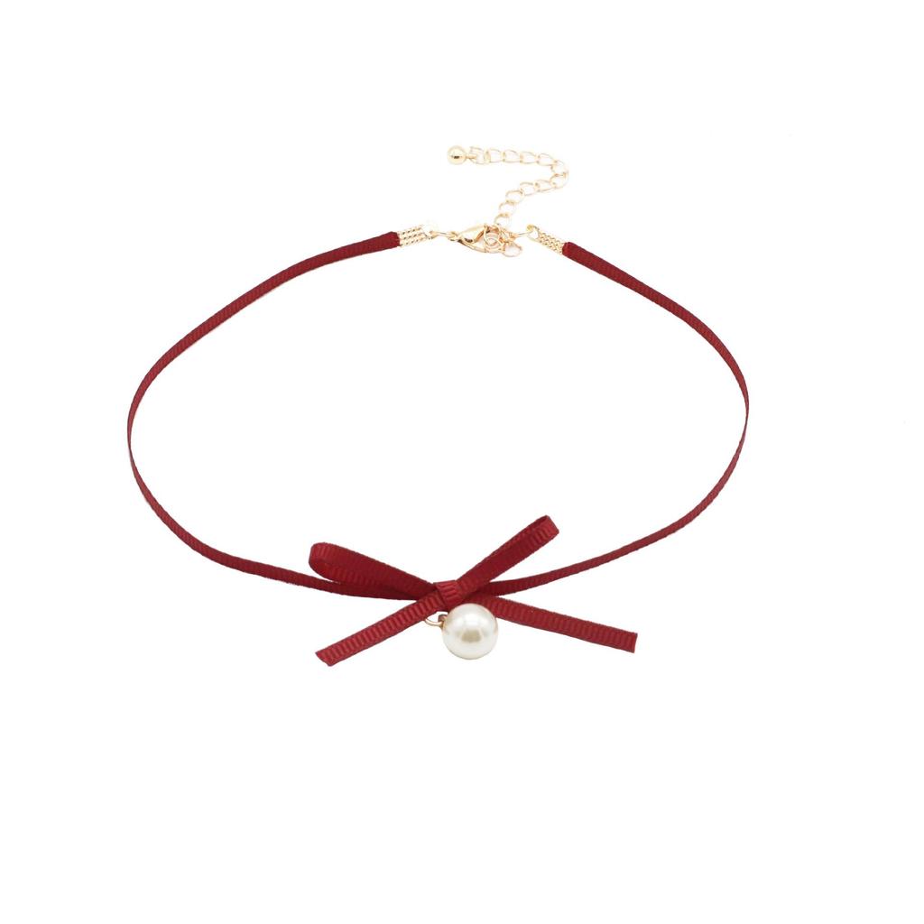 Burgundy Pearl Strawberry Pendant Ribbon Choker Necklace for Women