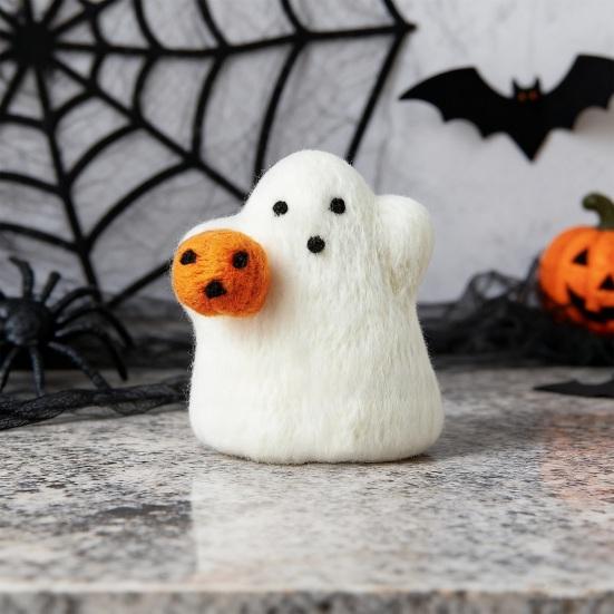 Halloween Wool Felted Ghost with Pumpkin Handmade Mini Felt Ghost Pumpkin Collectible Tabletop Ornaments for Tiered Tray Shelf Desk Indoor Home Decor