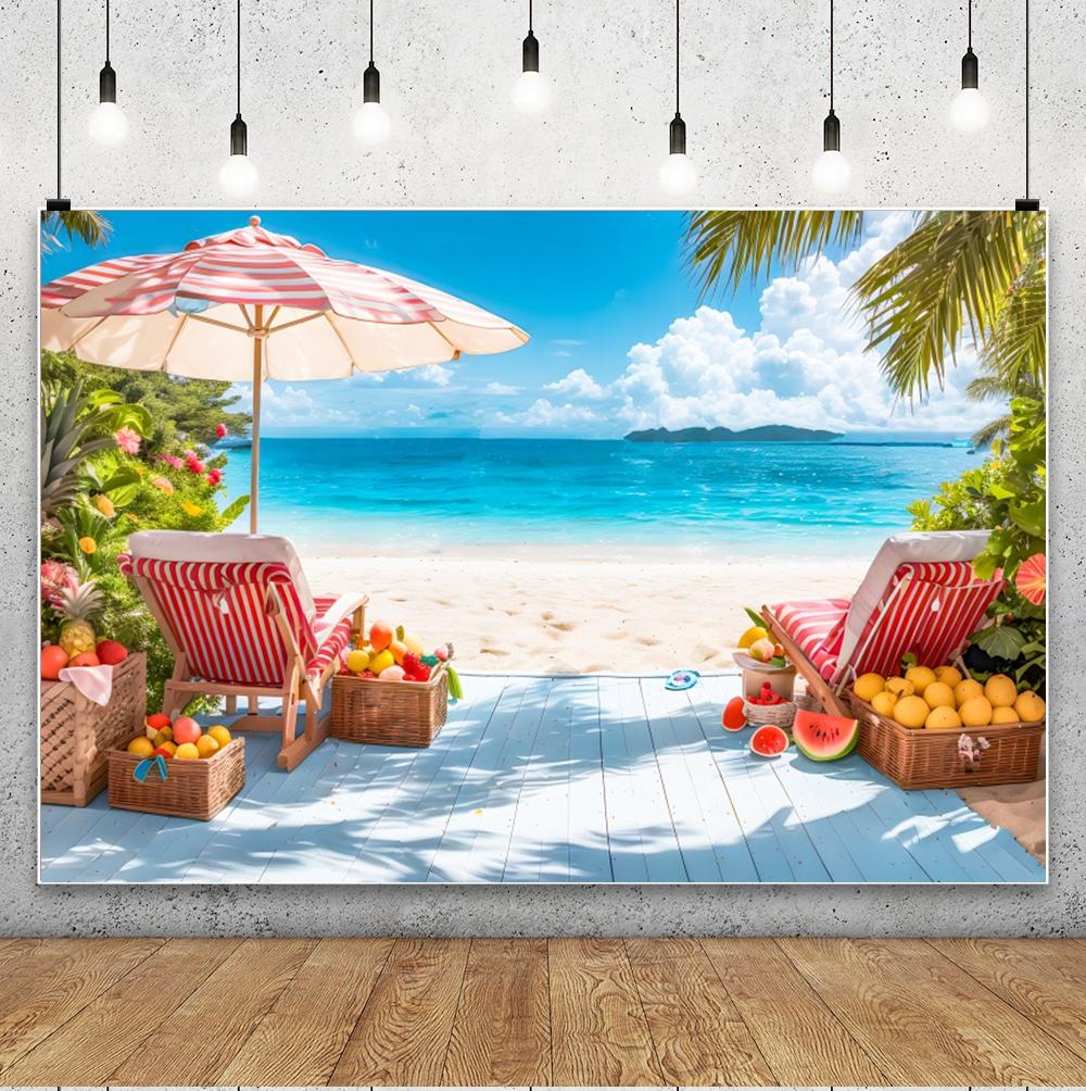 Summer Seaside Party Backdrops For Photography Tent Fruits Beach Palm Trees Holiday Camping Party Background Decor Photo Studio
