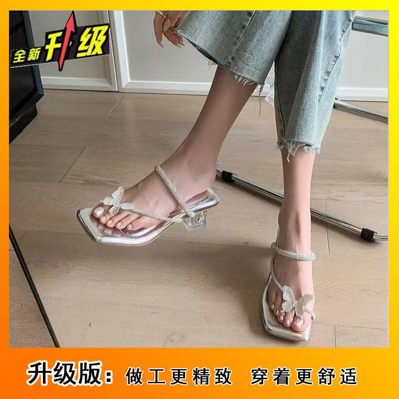 2025 summer fashion new design open-toed slippers fairy style bow rhinestone high heel cool slippers
