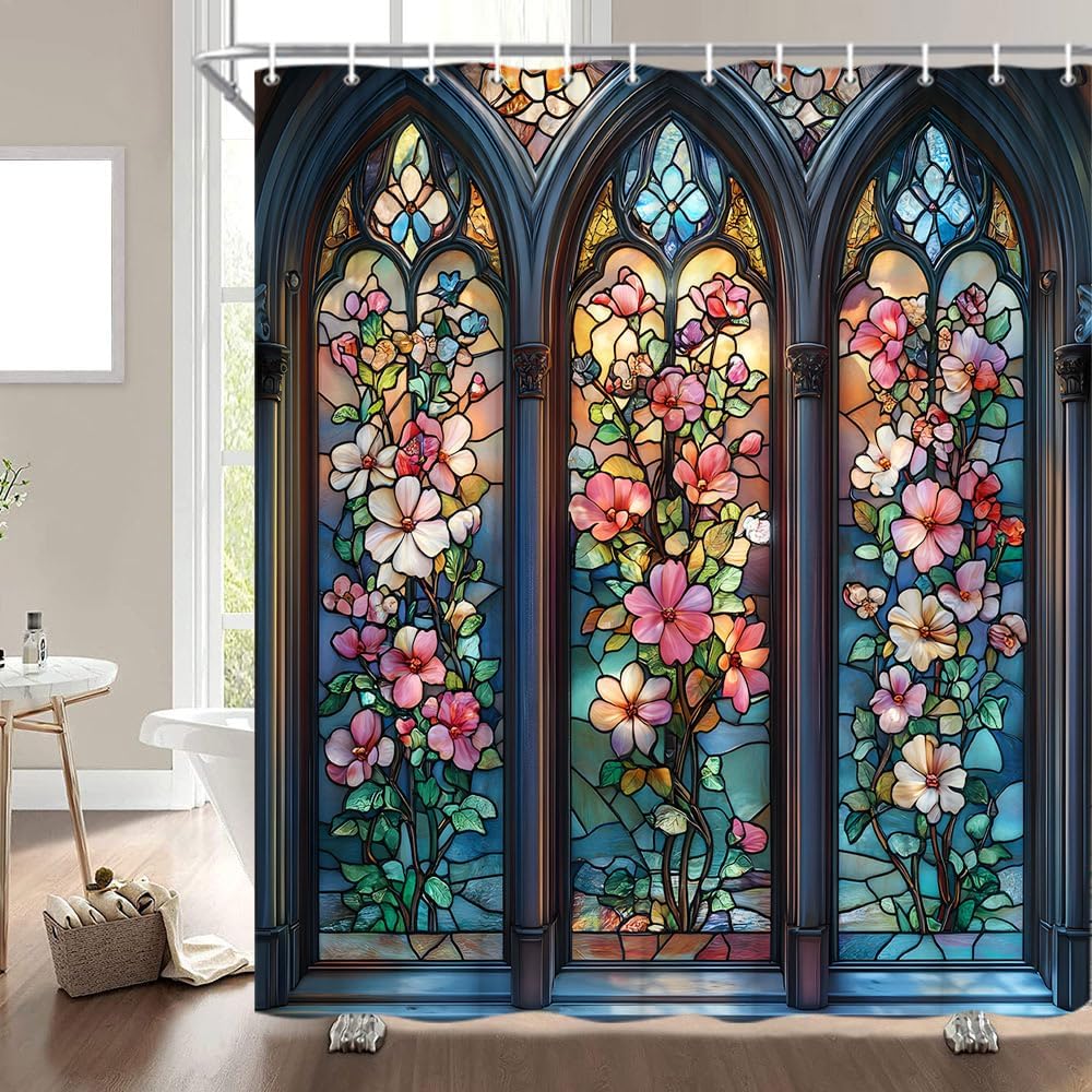 Abstract Stained Glass Shower Curtain Vintage Arched Window Boho Plant Pink Flower Leaves Royal Style Bathroom Decor Curtains