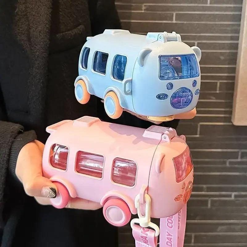 500ml Süße Bären Kinderwasserflasche Mit Schultergurt Tragbar Busform Trinkbecher Mit Strohhalm Für Kinder Trinkflasche