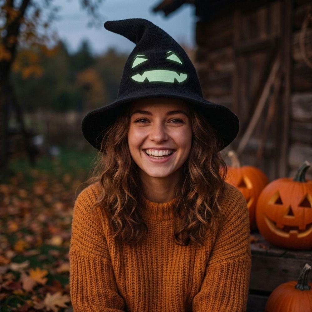 Glow Knit Halloween Witch Hat Wide Brim Pumpkin Witch Cap Simple Halloween Costume Hat Masquerade