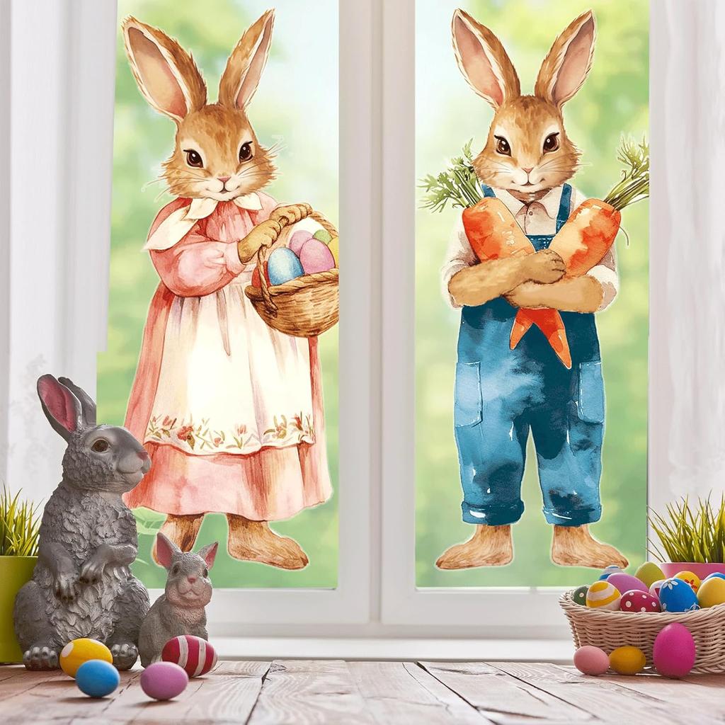 CHUNNIN 2Pcs Extra Large Easter Bunny Window Clings Spring Easter Window Decorations Vintage Easter Window Stickers Farmhouse Rustic Rabbit Carrots