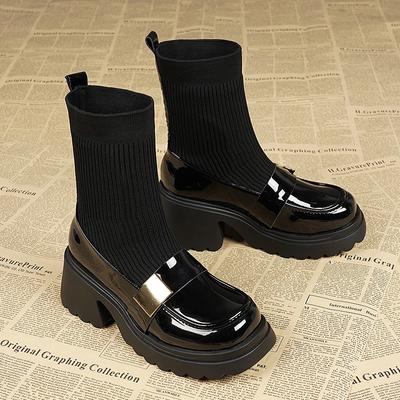 Stivaletti alla Caviglia da Donna con Zeppa Tacco Alto Maglia Cotone Scarpe Chunky Moda Inverno Nuovi Stivali Tendenza Décolleté Chelsea Botas Mujer