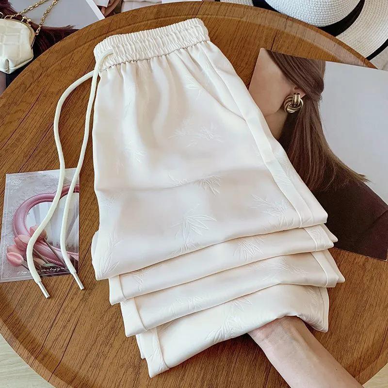 Summer Chinese Print Wide-Leg Ice Silk Pants: Women s Versatile Slimming Casual Trousers M