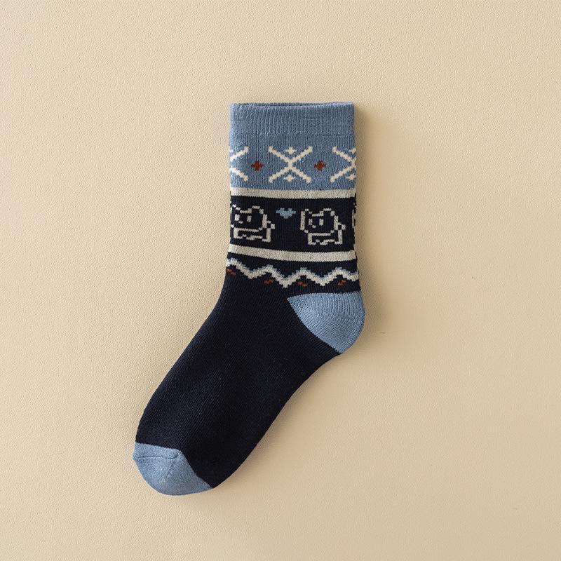 

Женские носки Fair Isle с пиксельным котиком, средней длины, с петлевой поверхностью - Теплые, утолщенные осенне-зимние носки для сна. One size тёмно-синий