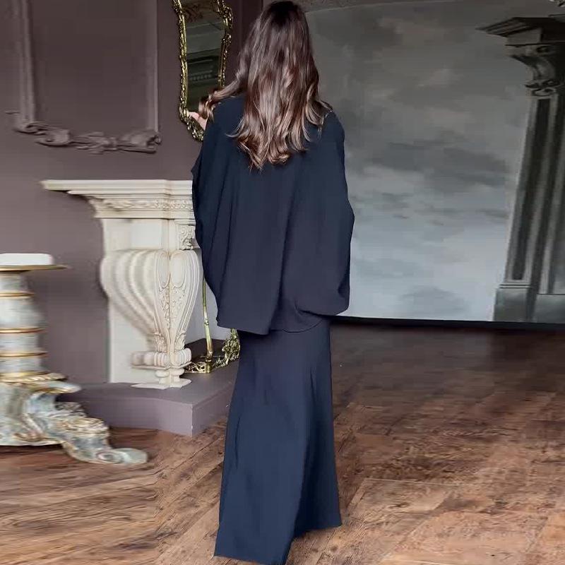 2024 Autumn Women's Tie Waist Batwing Top & Midi Skirt Two-Piece Set