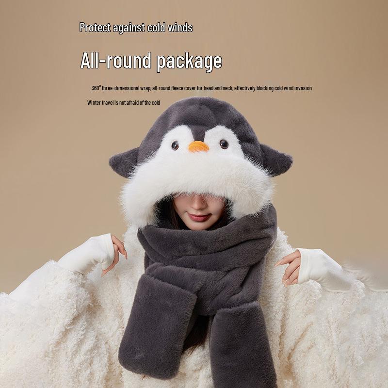 Penguin Ear Protection Hat, Scarf & Neck Warmer Women's 3-Piece Winter Set