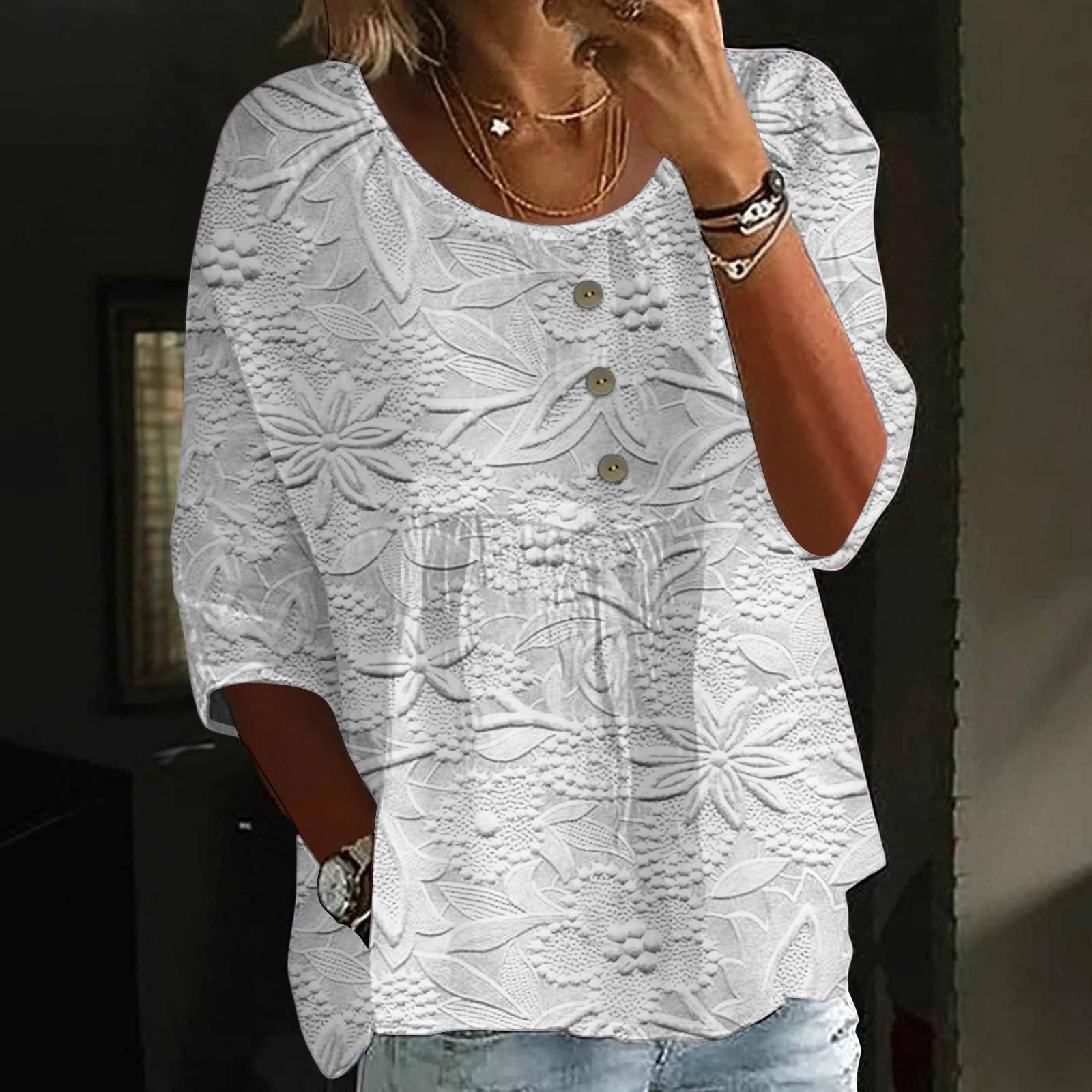 

Льняные рубашки для женщин с рукавом 3/4 на пуговицах с V-образным вырезом, летние топы, нарядные повседневные милые рубашки M белый