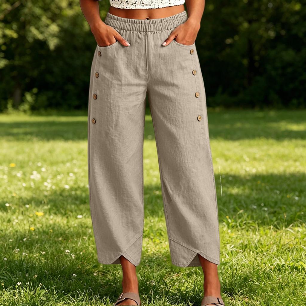 Women's Casual Button Detail Tulip Hem Cropped Pants Elastic Waistband Lightweight Loose Fit Casual Trousers