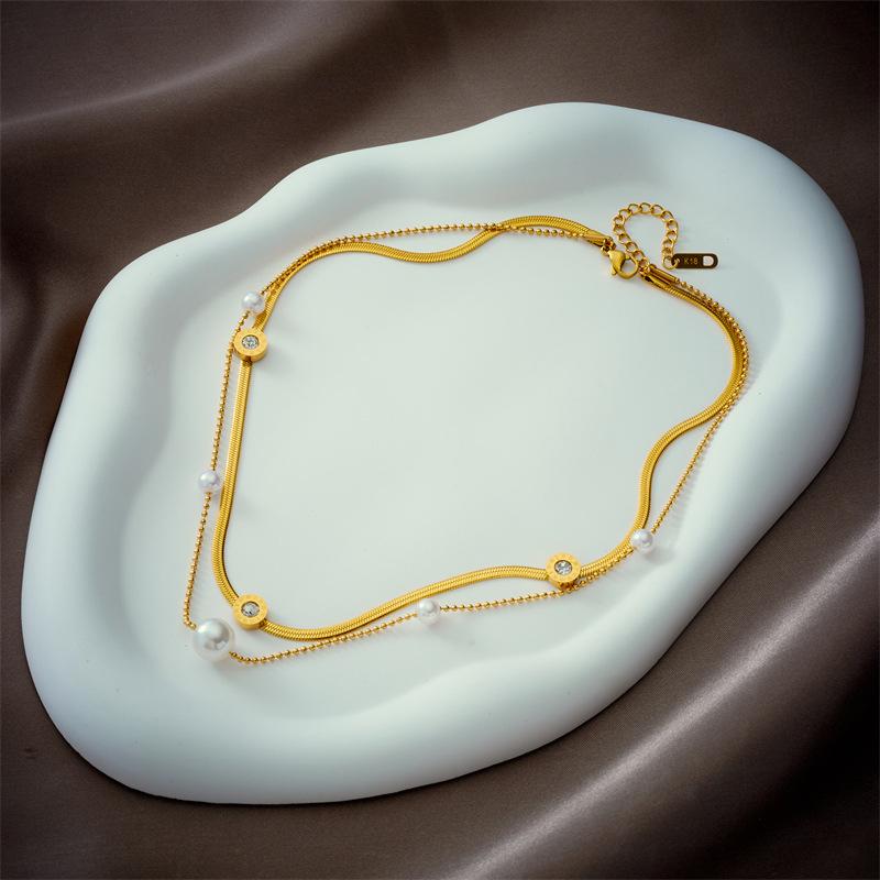 18K Gold Plated Double Layer Herringbone Necklace with Pearl CZ, Dainty Snake Chain Choker, Adjustable Jewelry for Women Daily Wear Gift