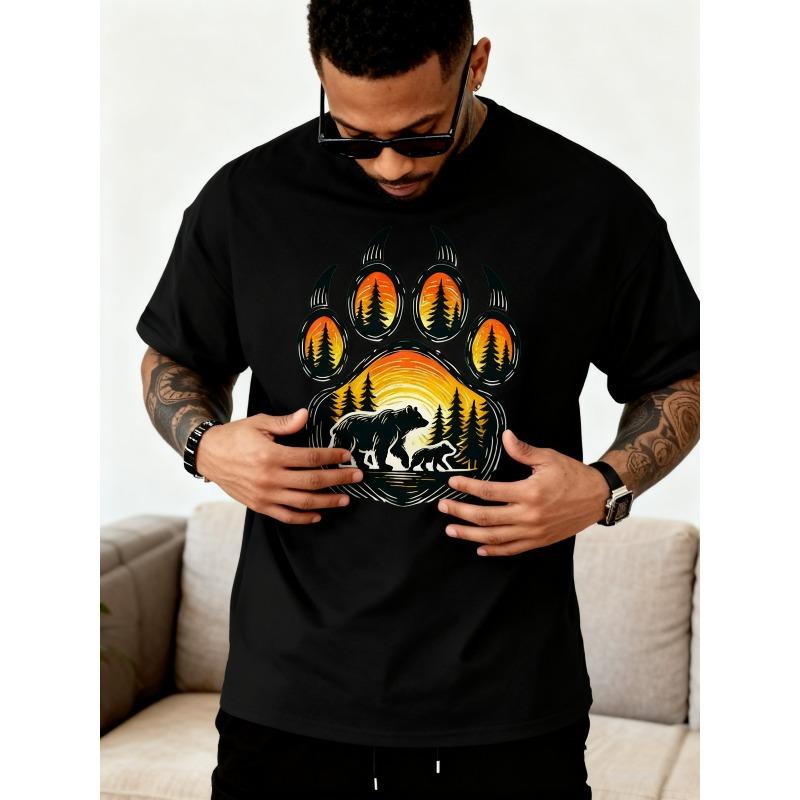 European sizes 2025 Men's New Casual Pure T-shirt, Featuring a Unique Bear Family in a Scenic Forest Sunset Design on the Front