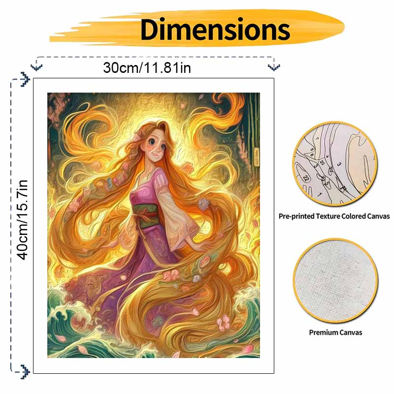 Disney Rapunzel Oil Painting Kit, Home Decor Handmade Gift, Tangled Princess Art, Golden Hair Fantasy Portrait DIY Canvas Wall Craft