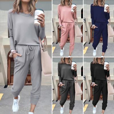 2 Pcs/Set Women Top Pants Suit Crew Neck Long Sleeves Solid Color Sleepwear