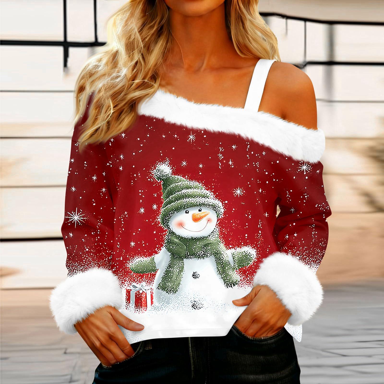 

Women s Off-the-shoulder Plush Neck Printed Long-sleeved Pullover T-shirt Top M винный