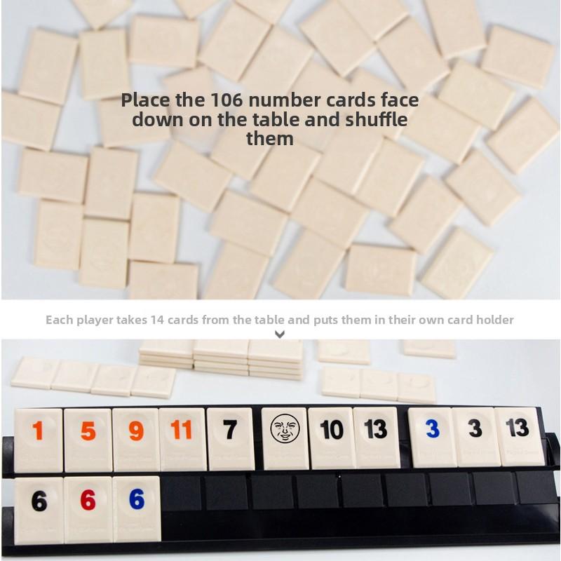 Juego Rummy Cube con 4 Atriles Set de Juego Rummy Cube de 106 Piezas con Estuche Portátil Set de Viaje de Fichas Rummy para Familia Juegos de Mesa Clásicos