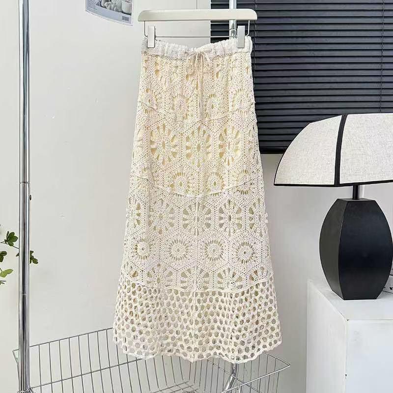 Bohemian Women's Resort Skirt: Korean-Style Embroidery, Crochet Knit, Drawstring Waist, Versatile Large Hem Hemline.