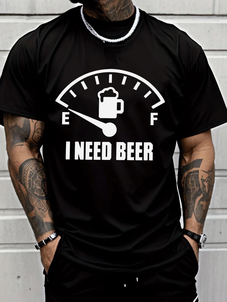 Unisex Crew Neck Tee Fuel Gauge I Need Beer Funny Slogan Print Short Sleeve Top Summer Outdoor Loose Soft Casual Basic Daily Wear