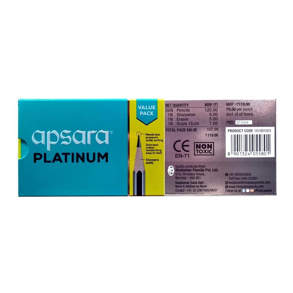 Apsara Platinum Pencil Value Pack Of 20 Extra Dark Lead Soft Wood School Writing Set For Students Academic Use