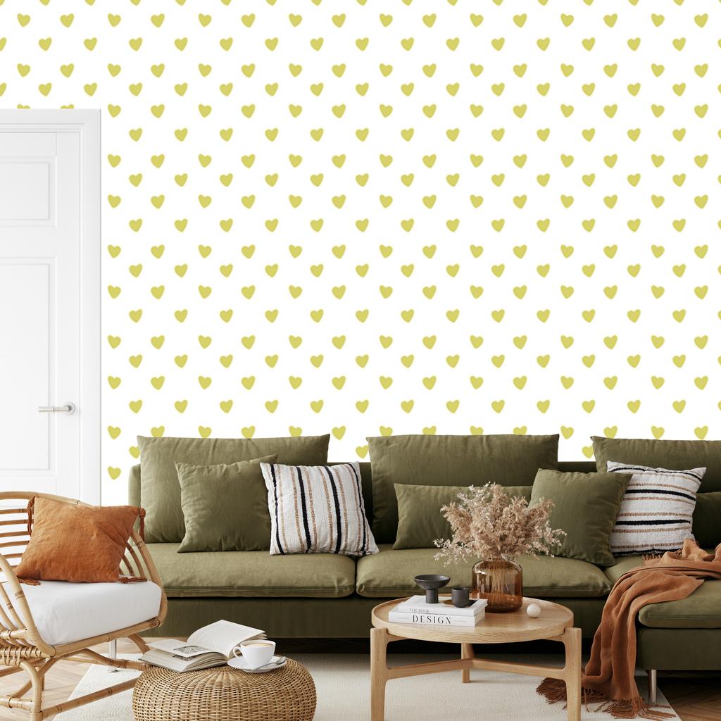 Heart Wallpaper White, Cream and Yellow 50x1000