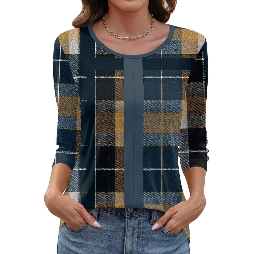 Women's Fashionable Casual Three Quarter Sleeve Printed Collar Pullover Top