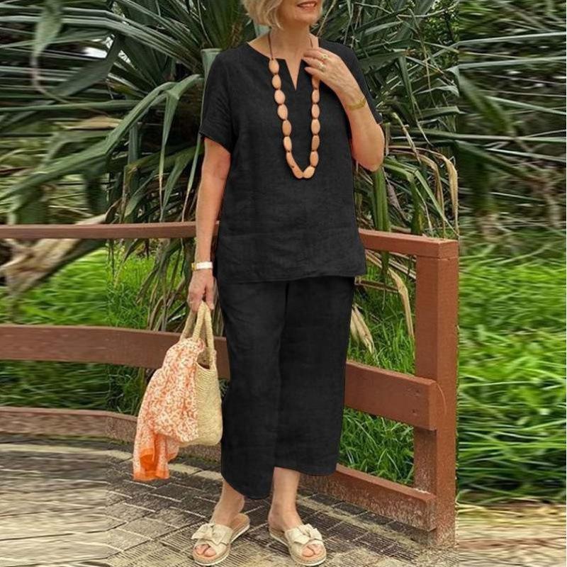 Damen Leinen Kurzarm Top und Weite Hosen Set in Hellgrau, Schwarz und Weinrot