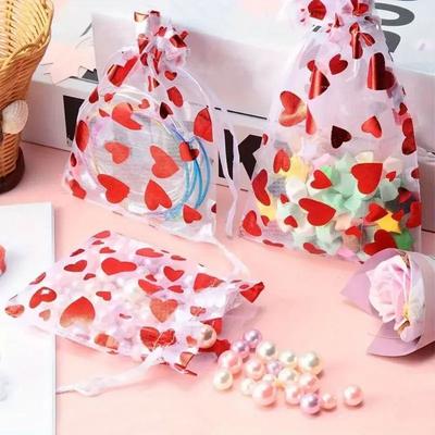 20pcs Drawstring Valentine's Day Gift Bag Love Heart Mini Mesh Candy Pouches Organza Reuse Bronzing Gift Bag Party