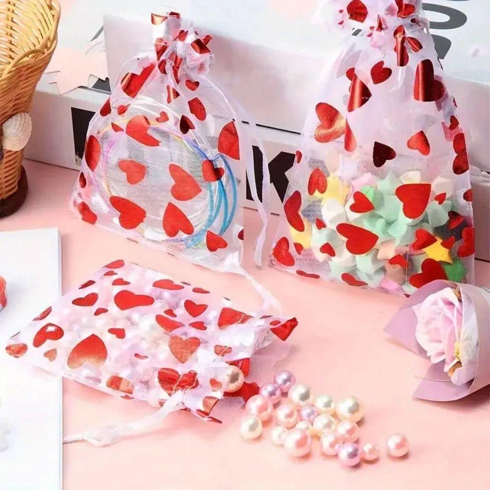 20pcs Love Heart Valentine's Day Gift Bag Drawstring Bronzing Gift Bag Mesh Candy Pouches  Wedding