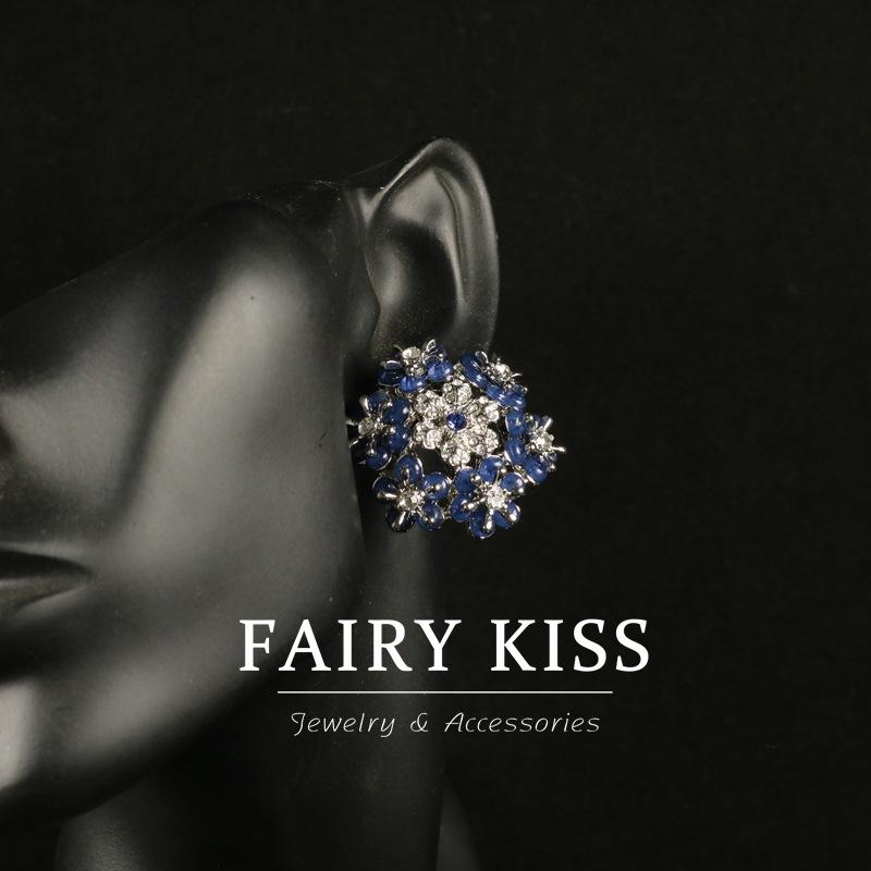 Snowflake Flower Diamond Blue Bead Atmosphere Heavy Industry Hollow Alloy Versatile Light Luxury Earclip Earrings
